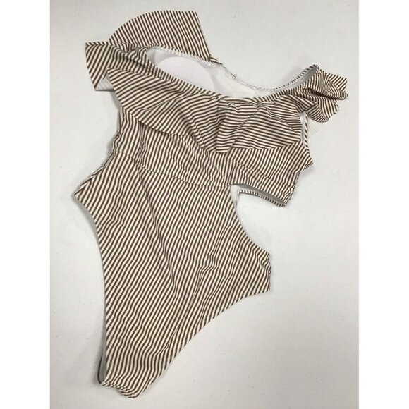 One Peice Size Cut  One Shoulder Brown/White Striped L Bathing Suit 🤍 - Picture 2 of 4